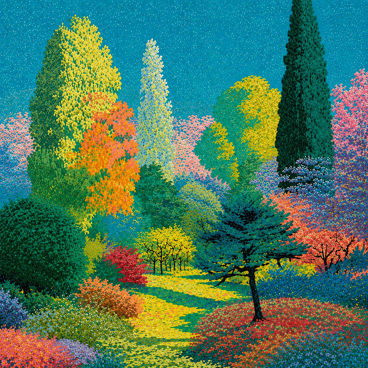 Illustration of a dense, many-coloured forest canopy