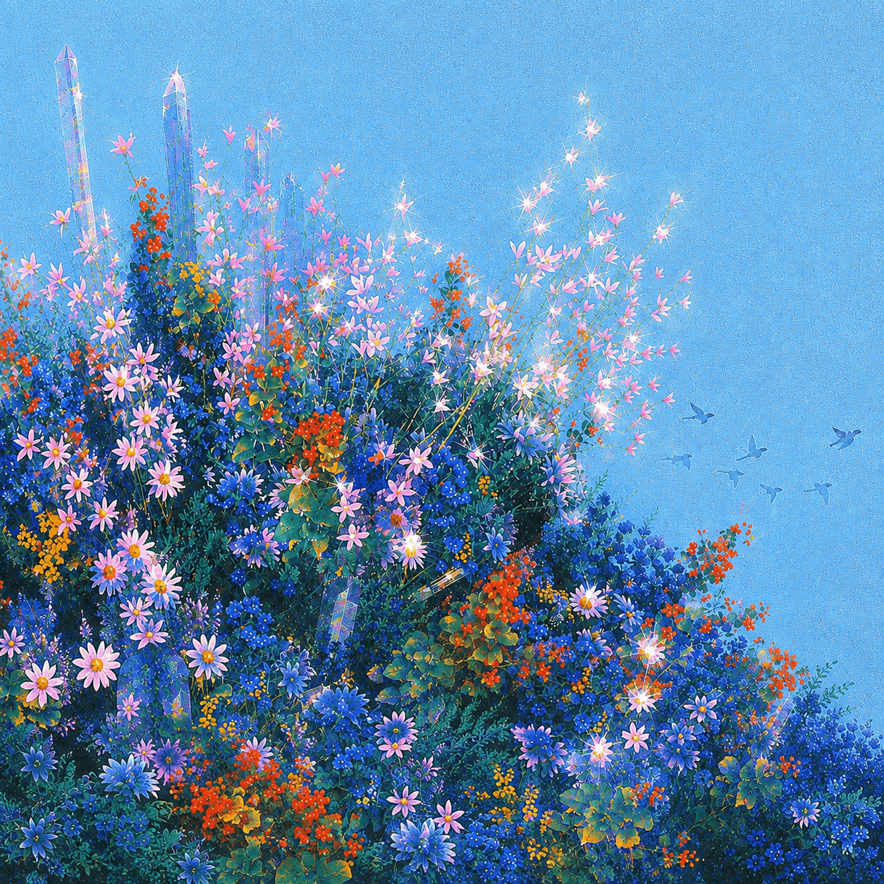 Illustration of a wildflower meadow under a bright blue sky
